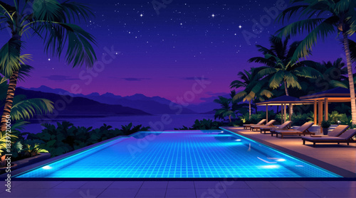 Elegant night pool surrounded by palm trees and ocean views. Infinity pool at night with scenic ocean and palm tree backdrop. Stylish resort pool with ocean view and starry night sky