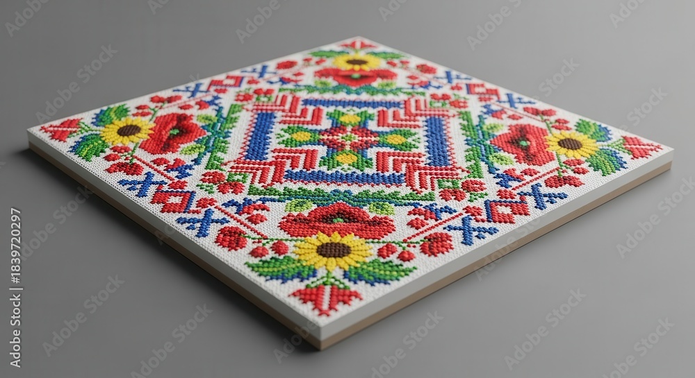Fototapeta premium Square ceramic tile features vibrant, colorful embroidered folk pattern detail