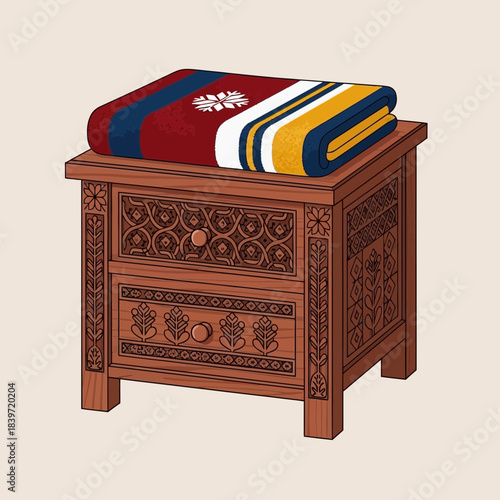 Colorful folded blanket resting on intricately carved wooden side table with decorative patterns