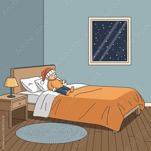 Cozy child lying in bed during a peaceful night with a window showing stars and rain outside