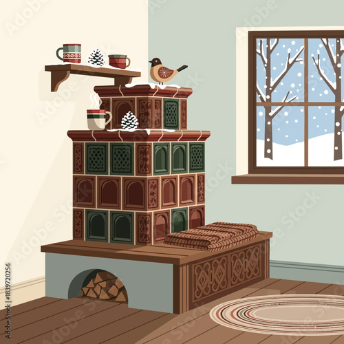 Cozy rustic wood stove with decorative brick chimney and winter view outside window