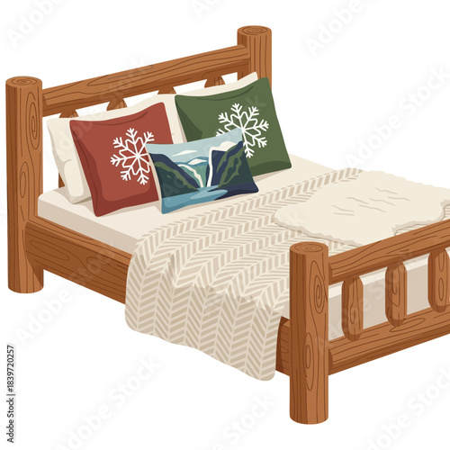 Cozy rustic wooden bed with decorative pillows and snowflake-themed bedding for winter relaxation