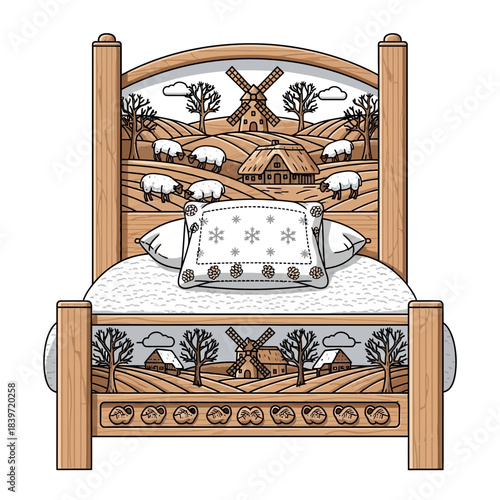 Cozy rustic bed with a winter village scene carved into the wooden headboard and footboard for a