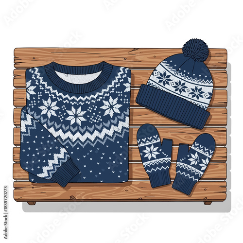 Cozy winter clothing set with knitted sweater, hat and mittens on wooden background