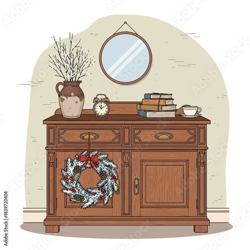 Elegant wooden sideboard decorated with a festive wreath and vintage accessories