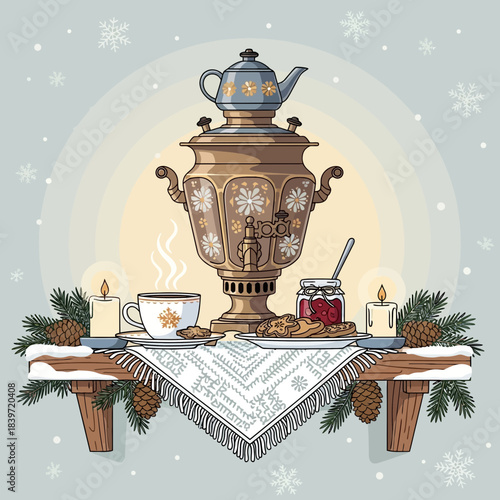 Elegant traditional Russian samovar tea setup with festive decorations for winter celebrations