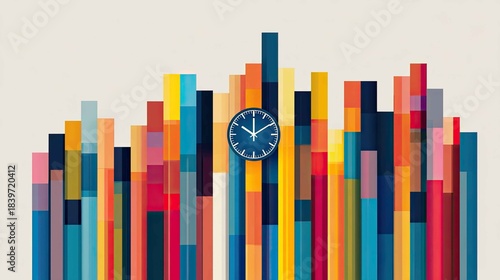 Modern Abstract Art with Colorful Bars and Clock Element Design