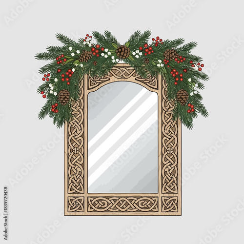 Festive Christmas Decor with Pinecones Holly and Bright Ornaments Surrounding a Mirror