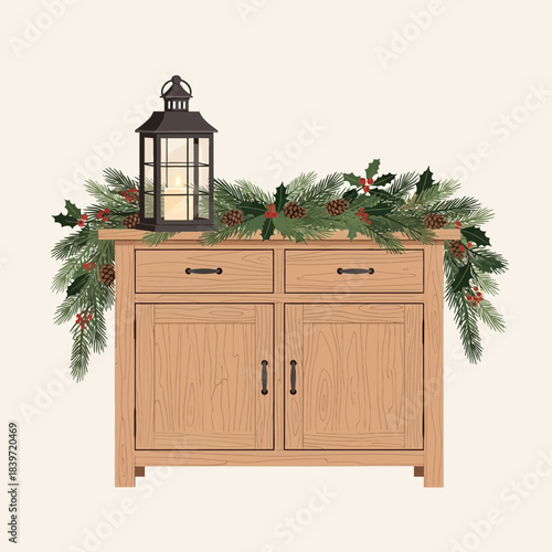 Festive holiday wooden sideboard decorated with pine garland and lantern