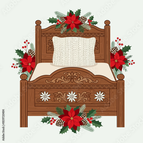 festive wooden bed decorated with holiday poinsettias and greenery for christmas celebrations