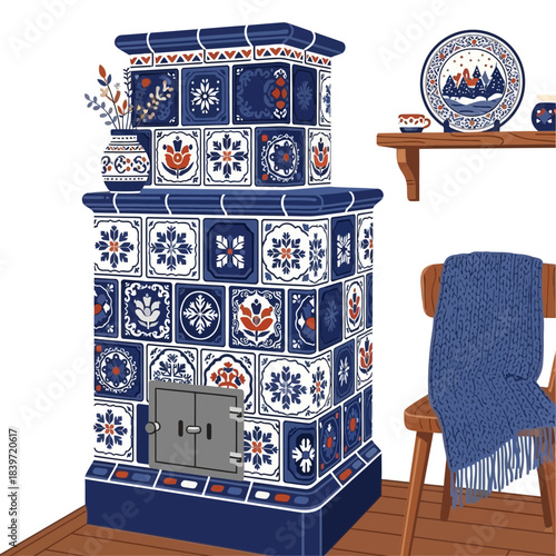 Traditional blue and white ceramic tiled stove in a cozy kitchen setting with wooden accents and a