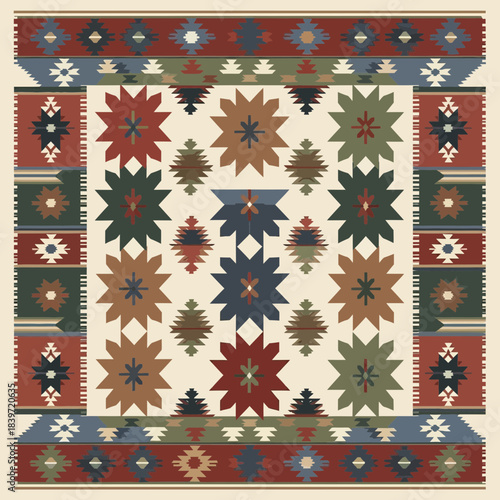 Traditional geometric patterned rug with intricate motifs and earthy colors for home decor