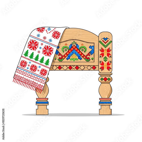 Traditional Ukrainian embroidered cloth on a decorative wooden table with folk motifs and patterns