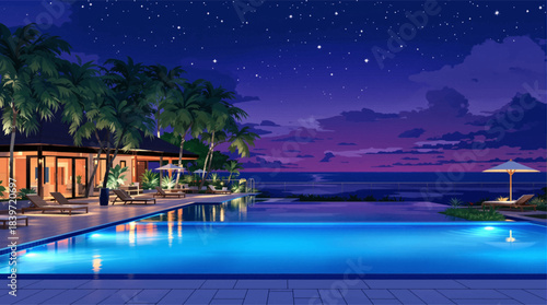 Tropical infinity pool glowing under dramatic evening sky. Luxury island pool with sunset clouds and palm trees. Exotic resort pool reflecting purple sunset atmosphere