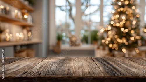 Rustic wooden table in front of a blurred cozy room with a Christmas tree.