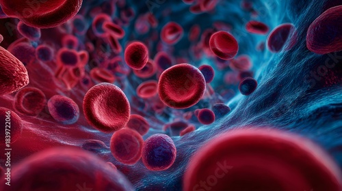 Microscopic view depicts numerous erythrocytes flowing through a blood vessel structure