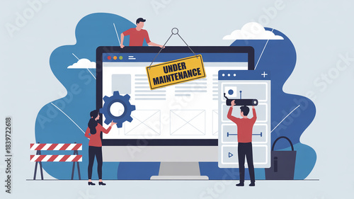 Flat design illustration of a website under maintenance, a team actively working on web page development project