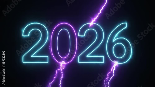 2026 Neon Lightning Electric Glow Future Energy Dynamic Animation
Dynamic animation of the year 2026 in glowing neon numbers struck by electric lightning bolts on a dark background. 