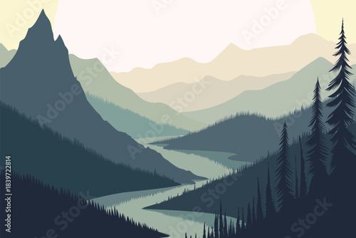 Misty mountain valley with winding river and dark pine forest, modern flat vector illustration of wild nature, adventure travel, hiking and serene sunrise landscape.​
