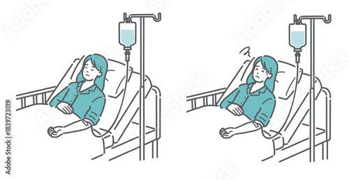 点滴を受ける女性患者の比較イラスト（安静 vs 副作用・体調不良）