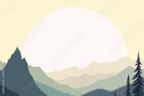 Minimal misty mountain landscape with giant rising sun and dark pine trees, modern flat vector illustration of tranquil nature, camping, adventure and serene sunrise in soft tones.