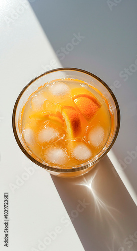 Refreshing glass of orange juice with ice cubes and citrus slices, lit by strong sunlight and casting a sharp shadow on a white surface