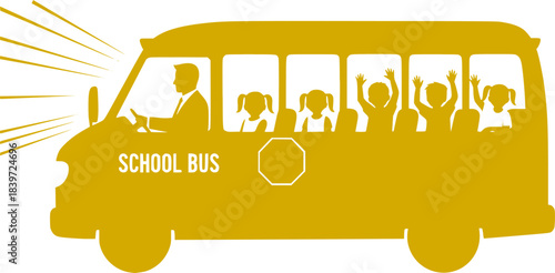 Silhouette of school bus with happy children isolated on white. Transparent background EPS version.