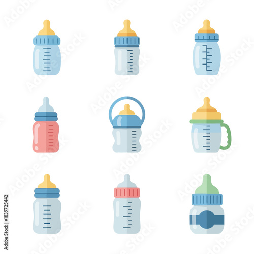 Colorful icon set of baby bottles featuring multiple sizes and cap styles for nursery and child-feeding illustrations.