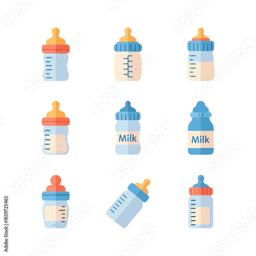 Clean flat icons of baby feeding bottles in assorted colors and designs for childcare and parenting visuals.