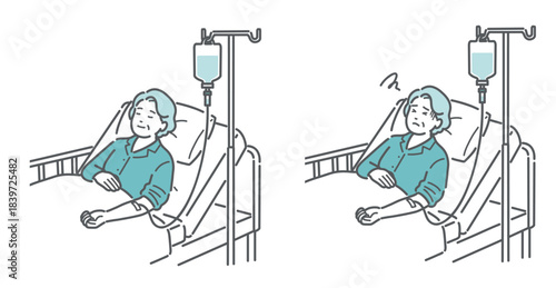 点滴を受ける高齢女性患者の比較イラスト（安静 vs 副作用・急変）