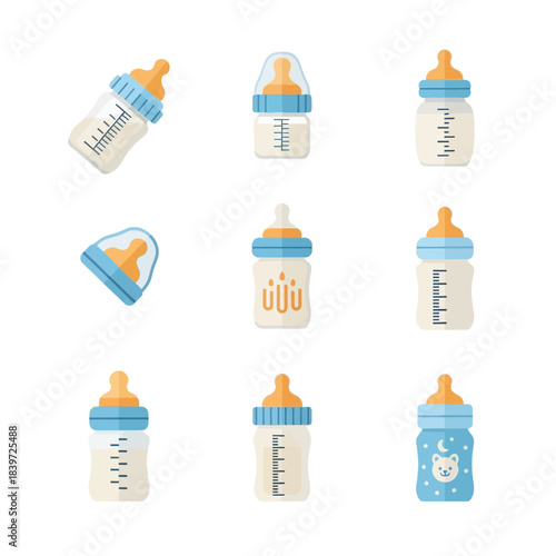 Flat pastel baby bottle icon set