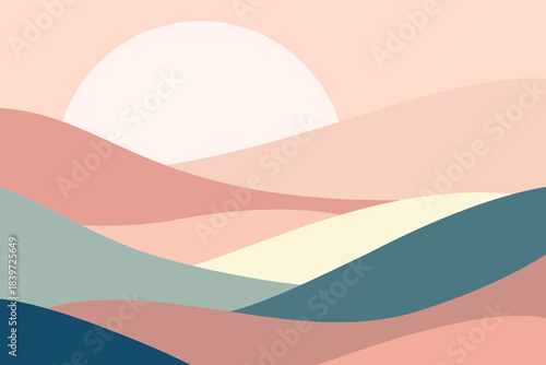 Abstract pastel hills with giant rising sun in soft peach tones, modern flat vector landscape illustration of calm nature, minimal design, serenity and dreamy sunset mood.​