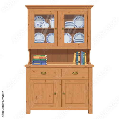 wooden china cabinet displaying various plates and books with glass doors and drawers for storage