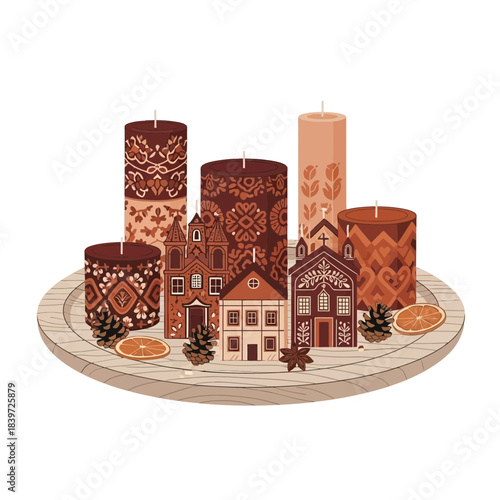 Christmas candles with gingerbread houses and festive decorations create a cozy holiday scene