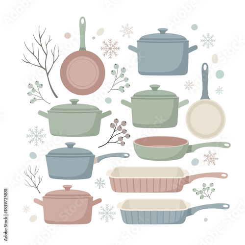 Collection of ceramic and non-stick cookware sets with winter flora accents for kitchen decor