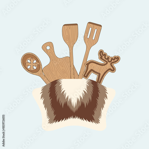 Cute illustrated kitchen utensils with reindeer and fur element in a playful design