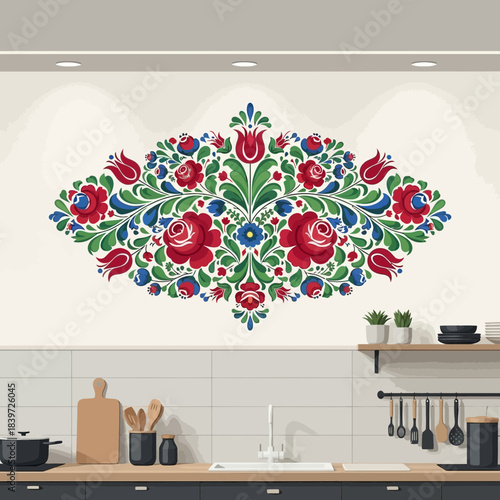 Decorative floral folk art mural featuring vibrant red roses green leaves and intricate patterns