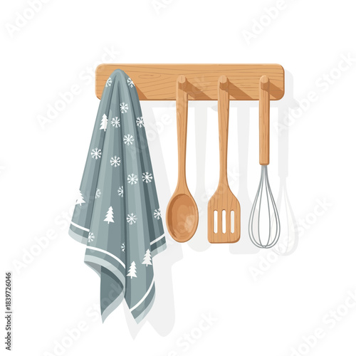 Decorative kitchen wall mount with wooden hooks for utensils and cloth storage