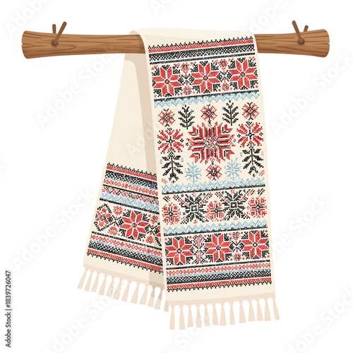 Decorative embroidered hanging textile with festive patterns and traditional motifs for holiday
