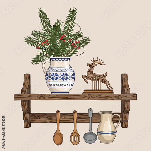 Decorative holiday arrangement with pine branches and rustic wooden shelf display