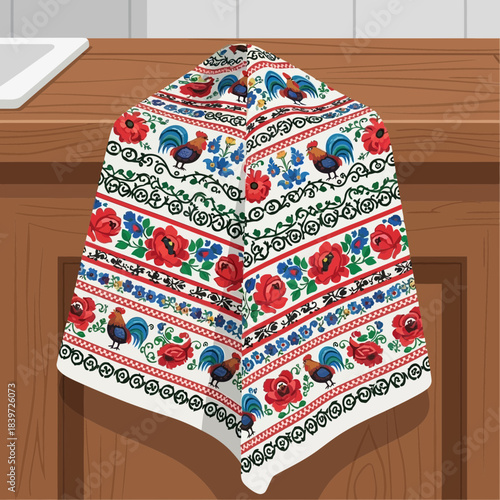 Decorative tablecloth with colorful floral and peacock patterns on a wooden surface