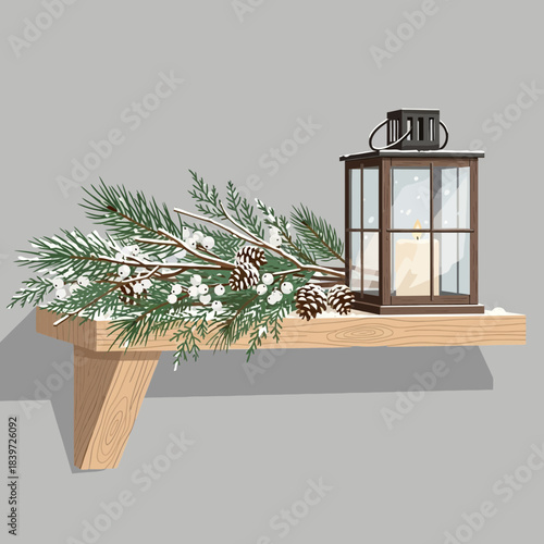 Decorative holiday scene with pine branches and lantern on wooden shelf