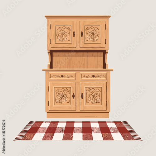 Elegant wooden cabinet with intricate carved detailing and a cozy checkered rug below it for
