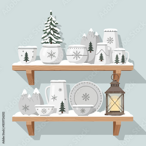 Festive holiday tableware and decorations displayed on wooden wall shelves with a cozy lantern for