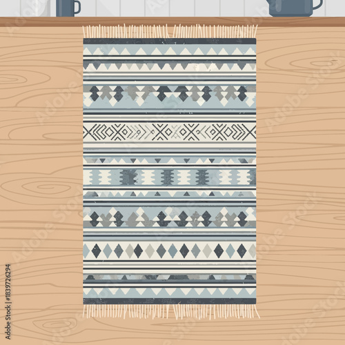 Intricate blue and gray patterned rug with geometric and diamond designs perfect for modern