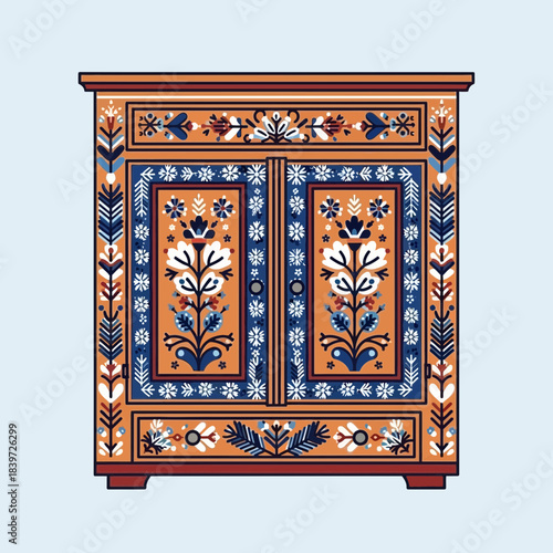 Intricately Designed traditional folk art wooden cabinet with floral motifs and geometric patterns