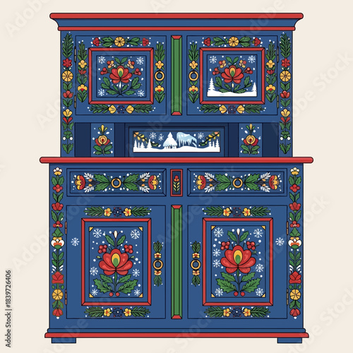 Traditional painted wooden cabinet with intricate floral folk art motifs and vibrant colors for