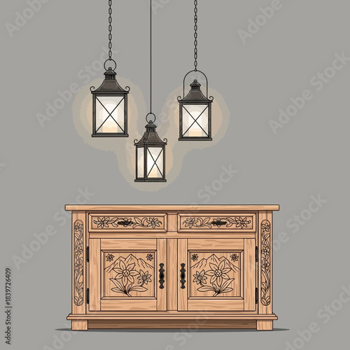 Vintage wooden sideboard with intricate floral carvings illuminated by three rustic hanging