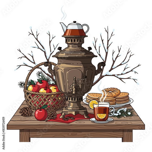 Traditional Russian samovar with snacks and tea setup on rustic wooden table in winter setting