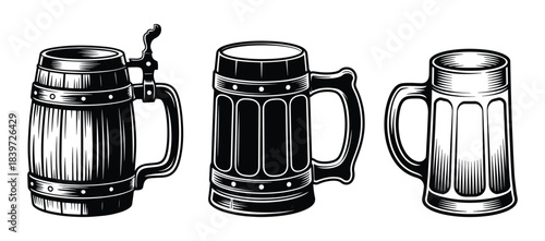Vintage beer mugs set, Hand drawn beer mug silhouette, Outline of traditional beer mug collection, Featuring traditional german style steins and tankards, Vector illustration